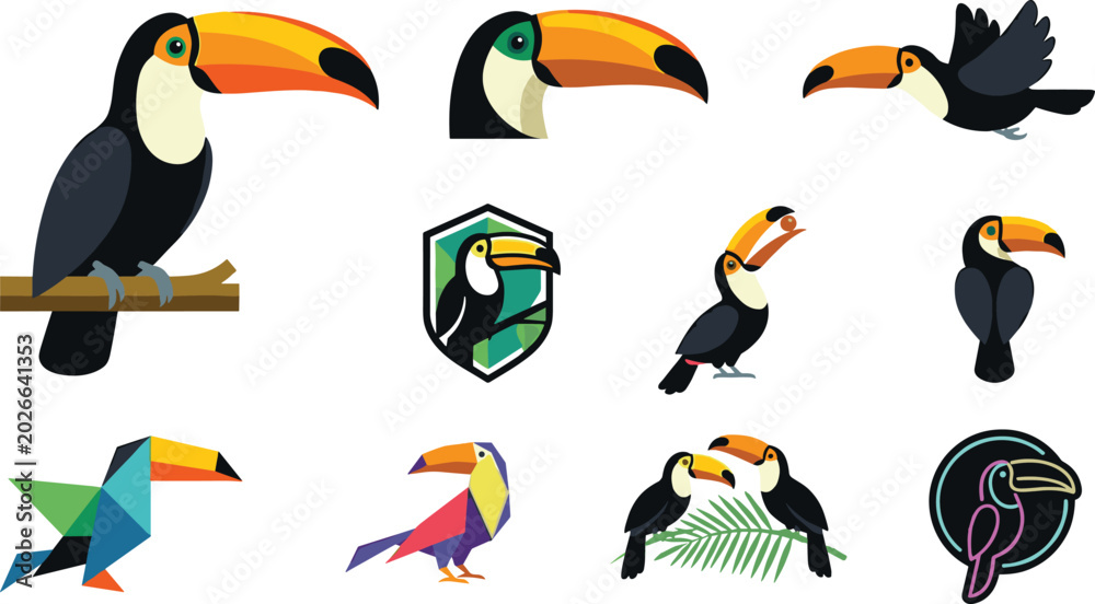 Naklejka premium Toucan Bird Vector Illustration Collection Featuring Tropical Flying Perching and Geometric Toucans for Wildlife Nature Jungle and Logo Design Projects