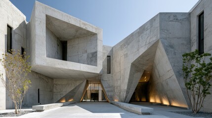 Intersecting concrete planes form a bold, geometric entrance to a museum, showcasing modern architectural design with deep shadows and sharp angles.