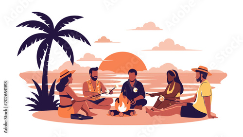 Foto Beachside Gathering: A group of friends enjoys a warm campfire on a tropical beach at sunset, with a palm tree and calm ocean waves in the background