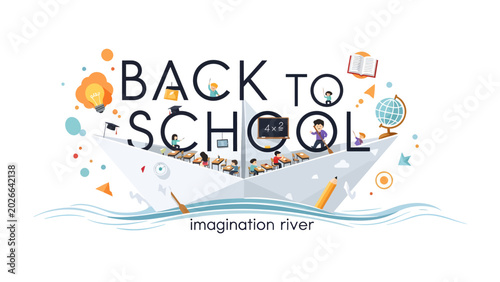 Canvastavla Back to School Adventure on the Imagination River: A whimsical paper boat, filled with eager students, embarks on an educational journey down the Imagination River