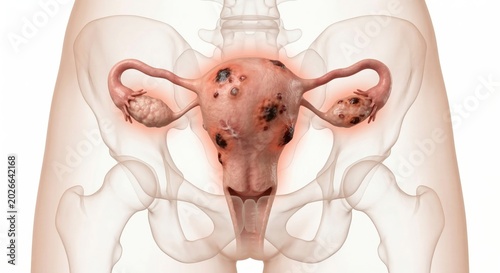 Hyper-realistic 3D medical visualization of the female reproductive system displaying scattered dark endometriosis implants with a diagnostic glow inside a ghostly pelvic contour.