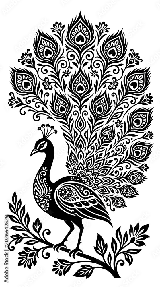 Fototapeta premium A majestic peacock stands on a branch with its stunning ornamental plumage on full display.