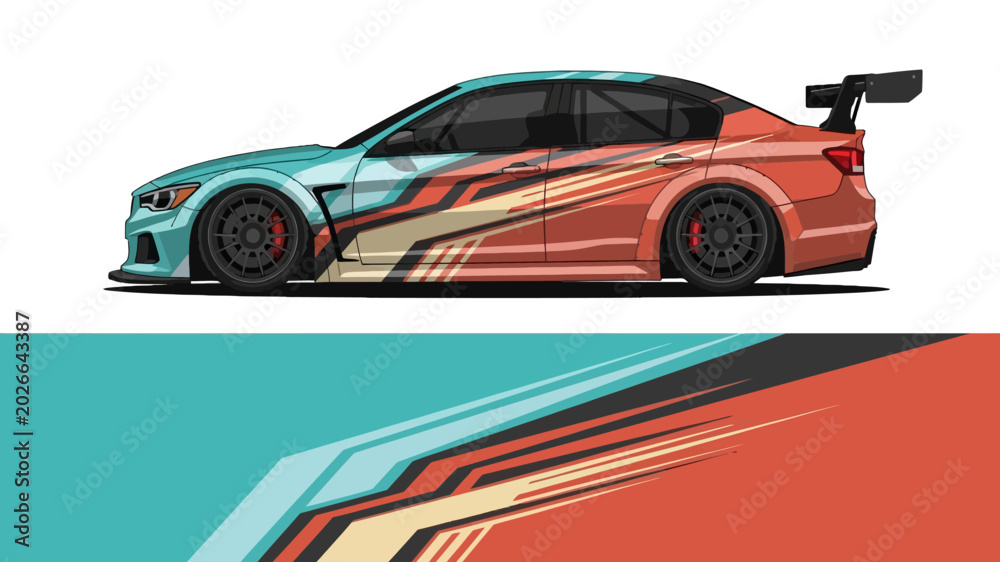Fototapeta premium Vibrant stylized race car in motion with flames and dynamic vector design.