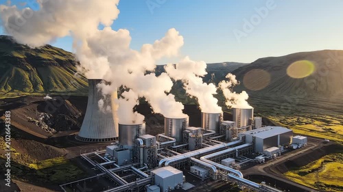 Geothermal power plant with steam emissions symbolizing tranquility, harmony, and the great outdoors