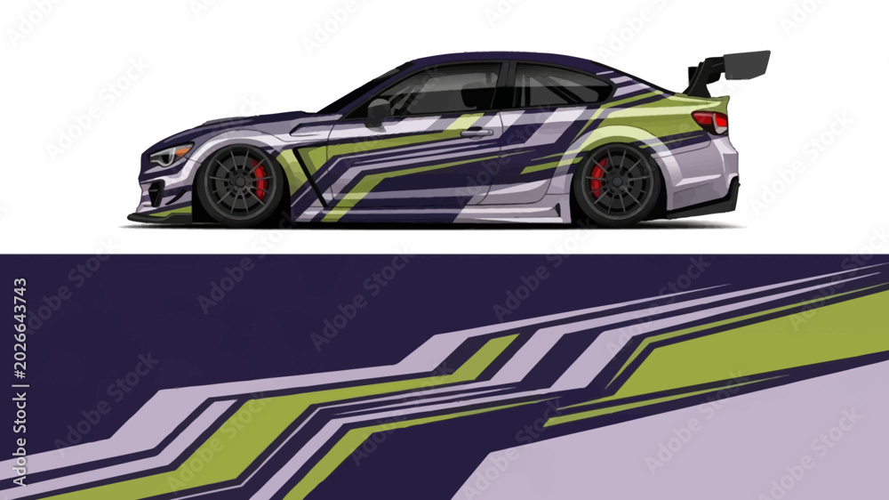 Fototapeta premium Side profile of a customized race car with bold lime green and purple graphics.