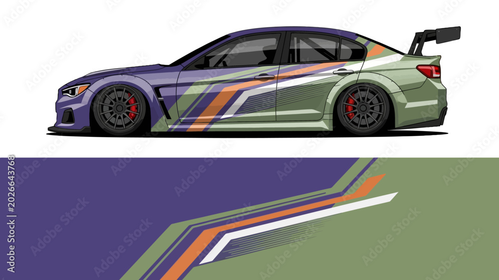 Fototapeta premium Side View of a High-Performance Racing Car with Multicolor Graphic Stripes.