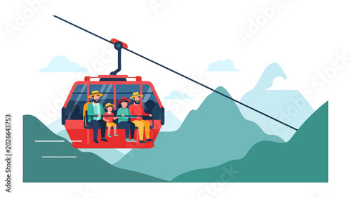 Foto Mountain Gondola Ride: A red gondola cabin carries a family uphill over a scenic mountain landscape, showcasing the thrill of aerial travel and breathtaking views