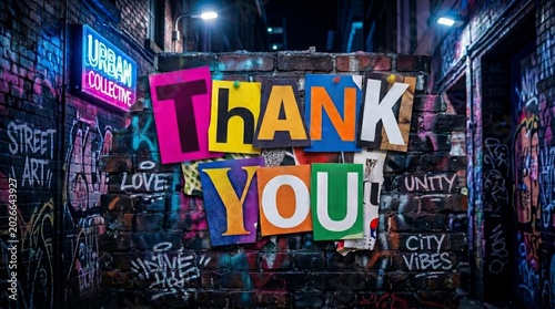 Colorful Graffiti Thank You Message on Urban Brick Wall.
