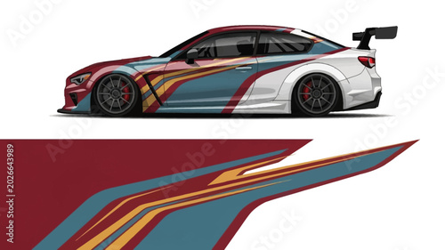 Fotografija Dynamic race car with vibrant livery and abstract stripe graphics on a sleek white body
