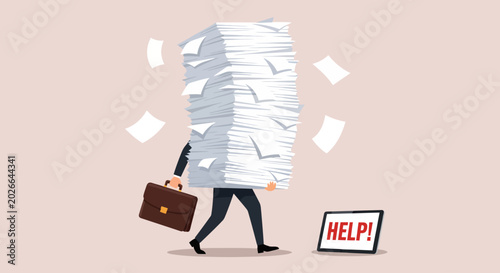 Canvastavla A heavily burdened businessman struggles to carry a massive, teetering stack of