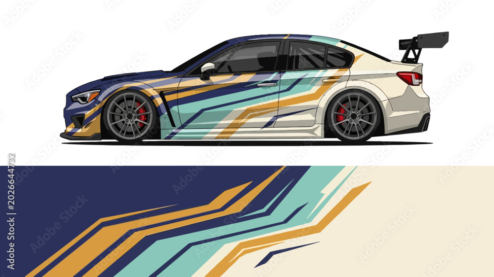 Fototapeta premium Sleek racing sedan with blue and gold aerodynamic stripes on white background.