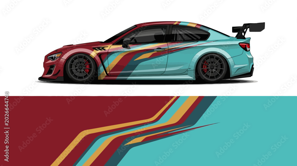 Obraz premium Sporty colorful race car with bold stripes on split background.