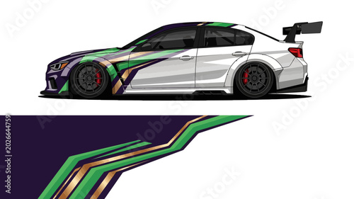 Foto Side view of a colorful race car with aerodynamic body kit and large rear wing livery