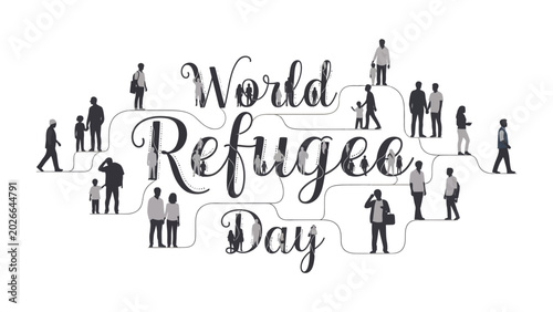 Foto World Refugee Day illustration: This graphic visualizes World Refugee Day with diverse figures of people scattered around a text graphic, conveying movement and community