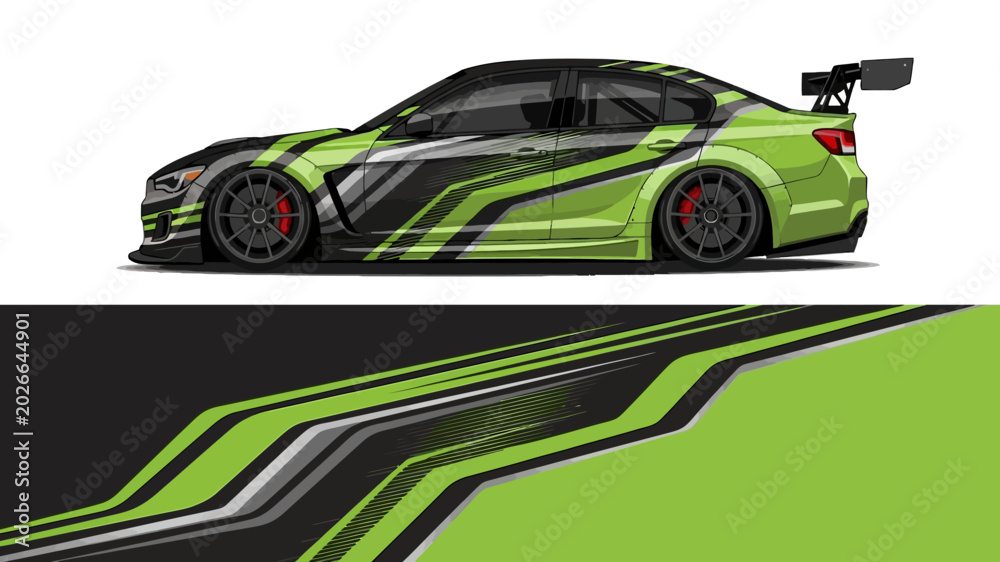 Obraz premium High-speed sports car with neon green racing graphics and an aerodynamic sporty design.