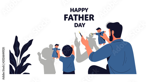 Foto Happy Father's Day: A father and child engage in a playful shadow puppet show, creating whimsical figures and casting imaginative shadows, celebrating the special bond on Father's Day
