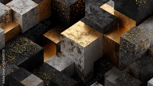 Abstract composition of geometric cubes with varying textures and colors