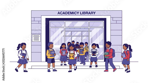 Foto Children Leaving the Academy Library: A group of diverse schoolchildren, eager and carrying books, exit the grand entrance of the Academy Library, signifying the pursuit of knowledge and education