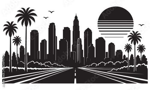 Φωτογραφία Los Angeles palm boulevard silhouette, LA palm street, urban cityscape, vector i
