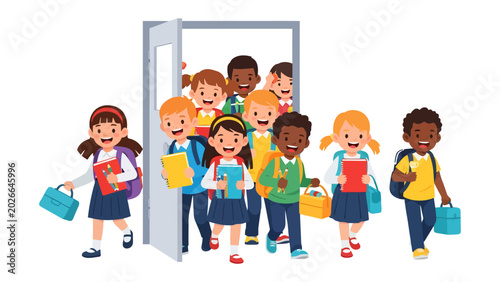 Canvastavla Back to School Excitement: A diverse group of happy children, eager to learn, rush out of an open doorway with backpacks and books, ready for a new academic adventure