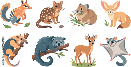 Quadro su tela Cute Cartoon Exotic Wild Animals Collection Featuring Numbat Quoll Quokka Fennec