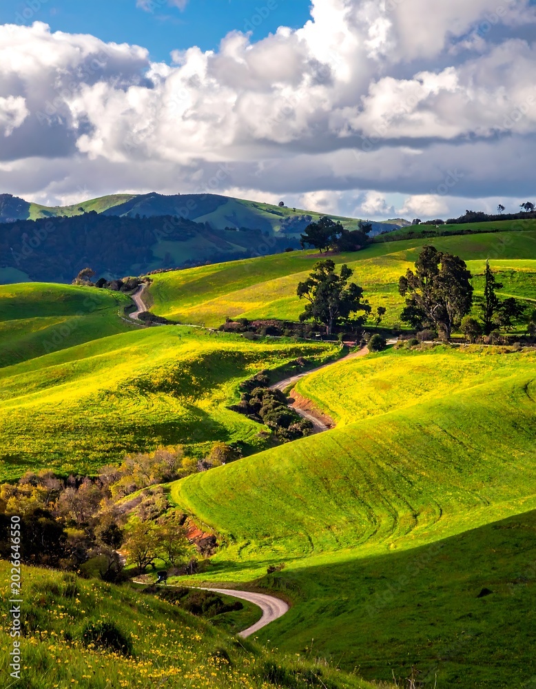 Obraz premium Rolling green hills with winding road under a cloudy sky landscape