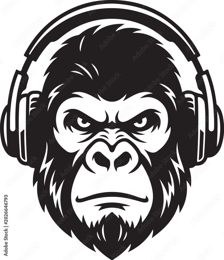 Fototapeta premium Gorilla head with headphones vector logo, ape mascot listening to music, DJ gorilla icon, podcast primate symbol, gaming monkey emblem, flat minimalist black and white silhouette, street style audio