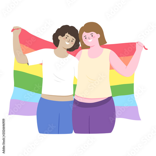 Happy LGBTQ Couple Holding Rainbow Pride Flag Illustration