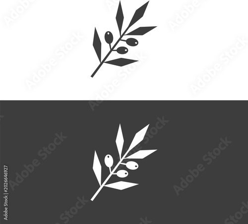 Minimalist geometric olive branch logo template. Vector line art illustration of olive leaves and fruits for premium organic cosmetics, olive oil, and wellness branding.