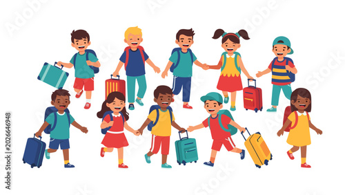 Φωτογραφία Children Ready for Adventure: A lively group of diverse children, each with their own colorful suitcase and backpack, excitedly prepare for a journey, holding hands and sharing smiles