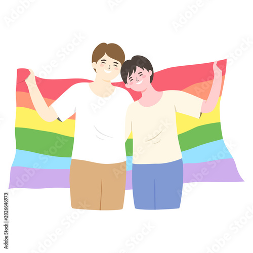 Happy Gay Couple Holding Rainbow Pride Flag Illustration