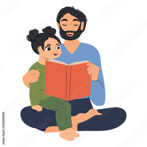 Father reading a book with his daughter. Perfect for Father's Day cards, spring themes, and heartfelt designs.