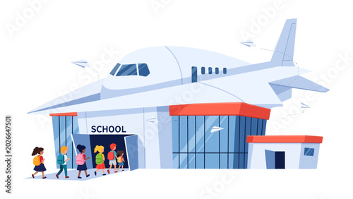Quadro su tela Airplane School Building: An imaginative school building shaped like an airplane, with children entering its doors, symbolizing a unique educational journey and a flight of fancy for learning