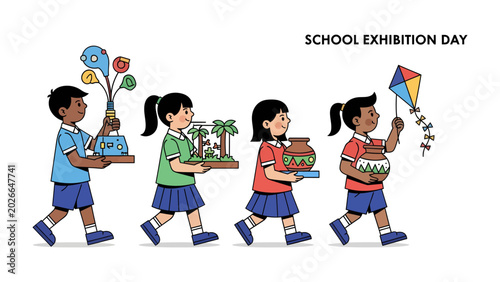 Tableau sur toile School Exhibition Day Parade: Young students proudly carry their handcrafted projects, from artistic vases to miniature landscapes and kites, in a joyful procession for school exhibition day