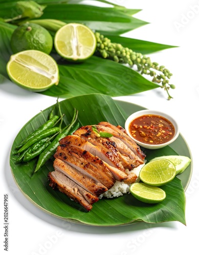 Grilled meat with lime and chili on a banana leaf plate overhead studio shot
