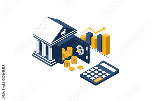 Bank Safe with Coins and Calculator