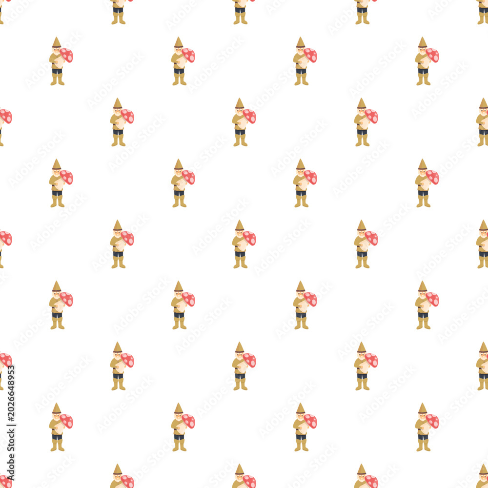 Fototapeta premium Fantasy gnome character holding a mushroom shield repeating in a seamless pattern