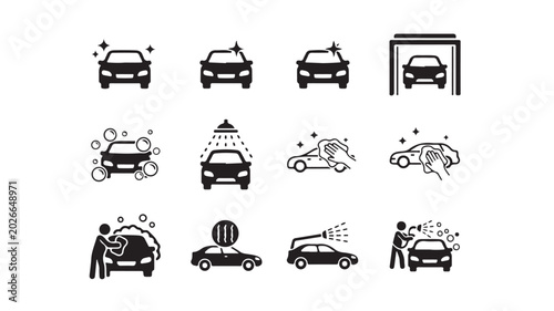 Car wash icon set with 12 black vector symbols, professional auto detailing and cleaning service signs, vehicle maintenance and pressure washing icons