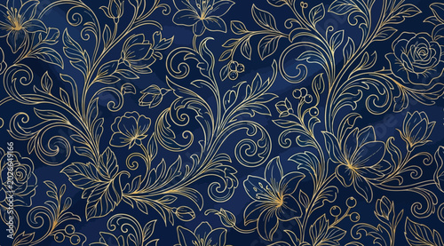 Foto Elegant seamless pattern with golden floral ornament on a deep blue background,