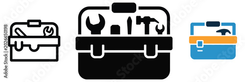 Toolbox Vector Icon Set with Line Art, Silhouette and Flat Color Designs for Repair, Construction and Service Concepts