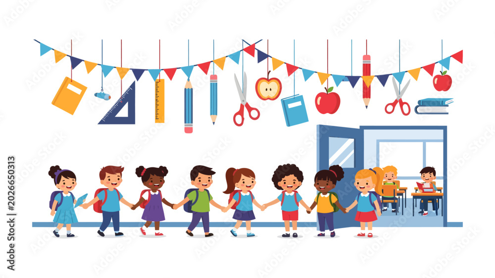Fototapeta premium Back to School Celebration: A vibrant illustration depicts a diverse group of happy children, holding hands and forming a chain, ready to start their school journey.