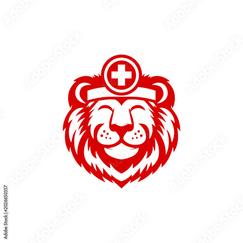 Modern Red Lion Medic Logo Vector, Healthcare Lion Emblem, Medical Mascot Design, Strong Animal Symbol