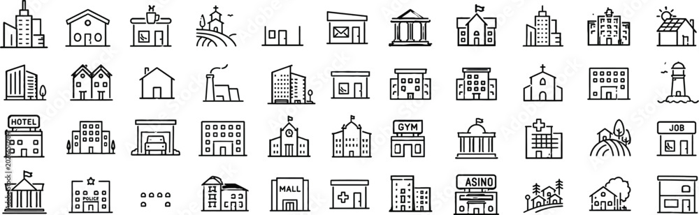 Fototapeta premium Real Estate, City Buildings, and Architecture Infrastructure Line Icons Set