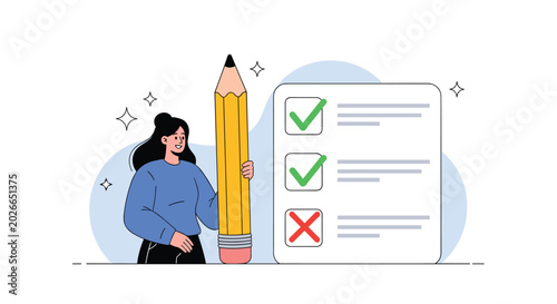 Young woman holding giant pencil and standing next to large checklist with green check marks representing task completion and success.