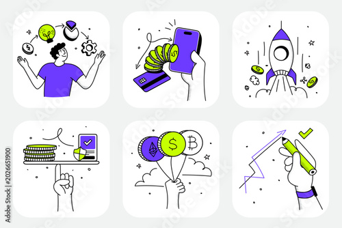 A clean and modern set of 6 wobbly style fintech illustrations designed for mobile apps, dashboards, and financial products. The pack covers essential finance use cases like payments, analytics, money