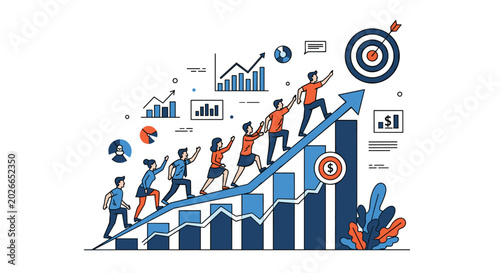 Group of motivated business people climbing up a rising bar chart towards a bullseye target to represent shared success.
