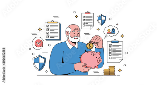 Retirement planning concept showing an elderly man saving money in a piggy bank surrounded by financial insurance icons.