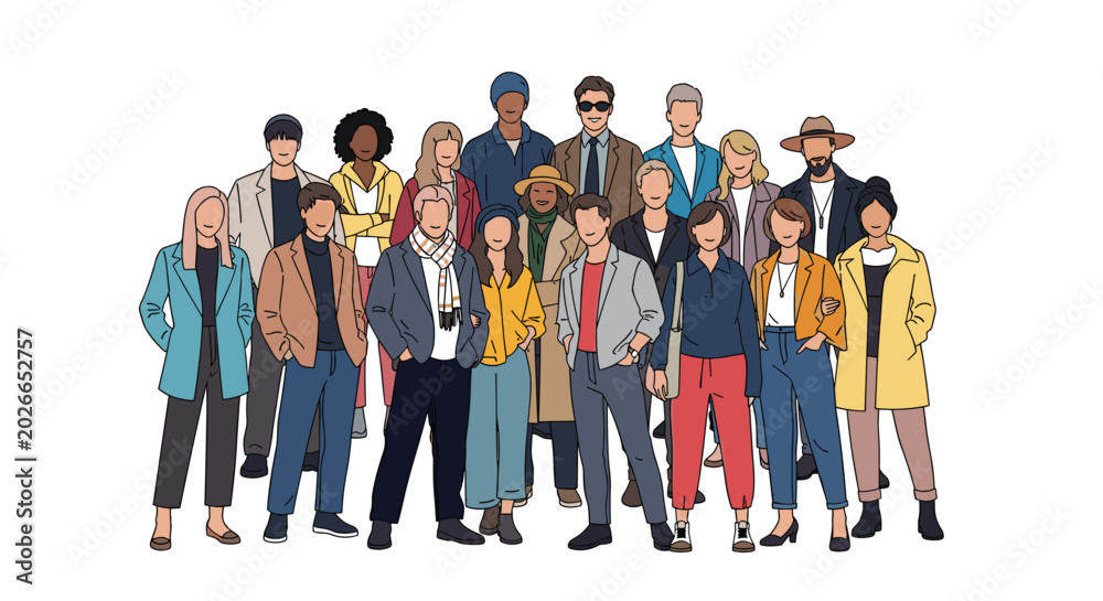 Obraz premium Diverse group of people in various stylish outfits standing together representing community social inclusion and global unity.