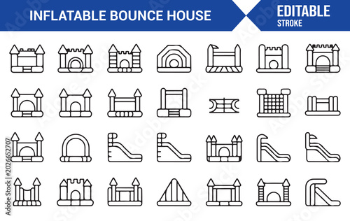 Party Rental Bounce House Icons with Editable Stroke Style