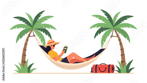 Фотография Relaxing Vacation: A person relaxes in a hammock strung between two palm trees, reading a book and enjoying a serene tropical getaway